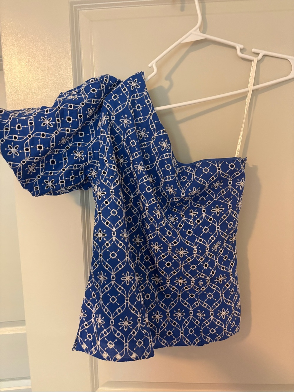 Lilly Pulitzer Blue Grotto Eyelet One-Shoulder Top with White Embroidery